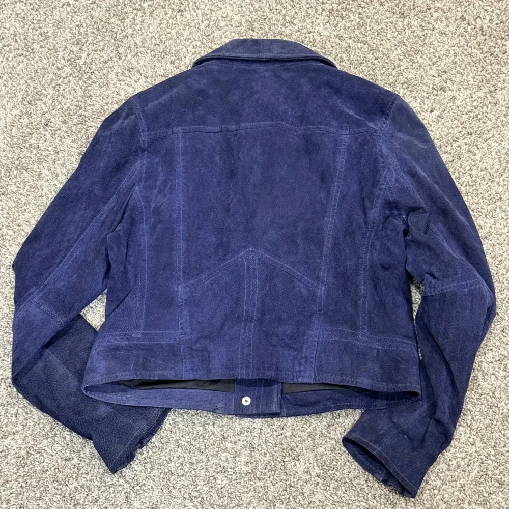 SL8 Navy‎ Blue Suede Leather Cropped Biker Jacket Womens Size L 18 P2P x 20 L